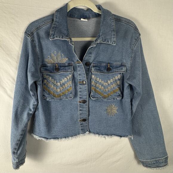 KEREN hart Other - Evsie Embroidered Blue Denim Embroidered Raw Fringe Jacket Girl's Size 13/14